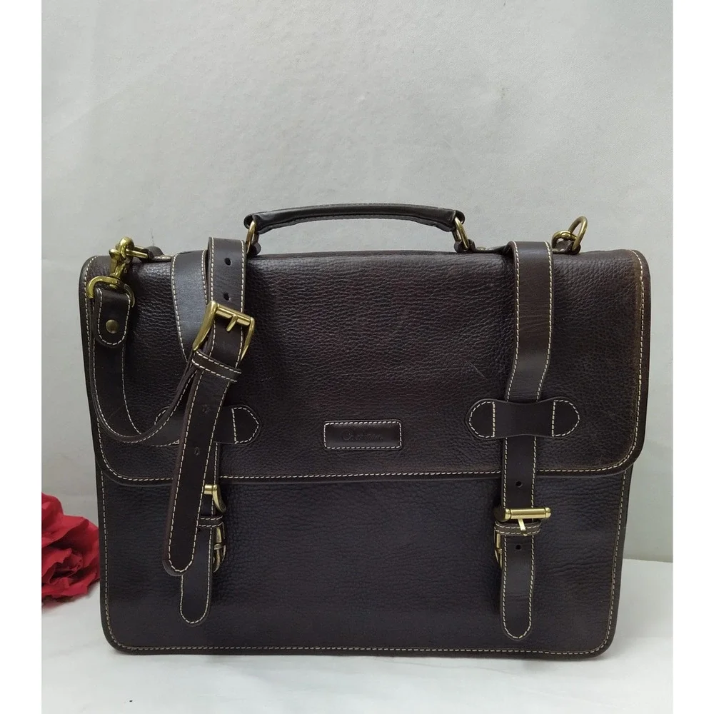 Cole Haan Brown Pebbled Leather Buckle Flap Top Handle Briefcase Messenger Bag